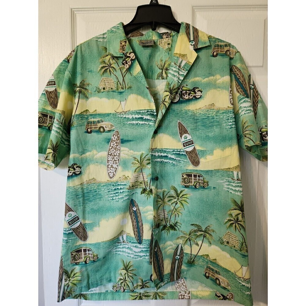mens hawaiian royal creations sz large euc button down beach/surf print